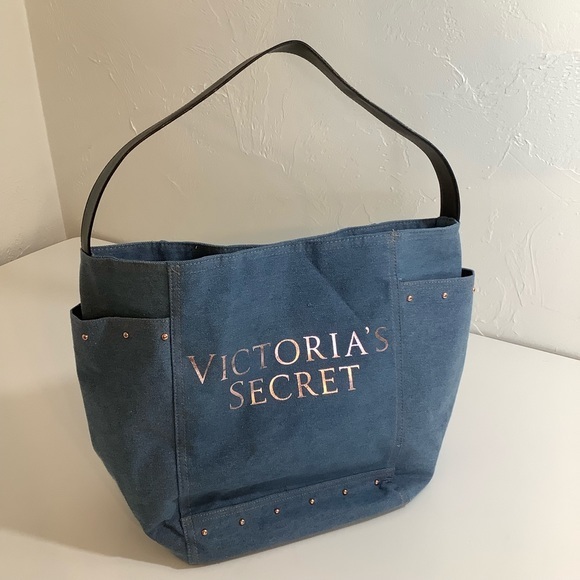 VS large denim shoulder purse bag with rose gold studs EUC - Picture 5 of 14